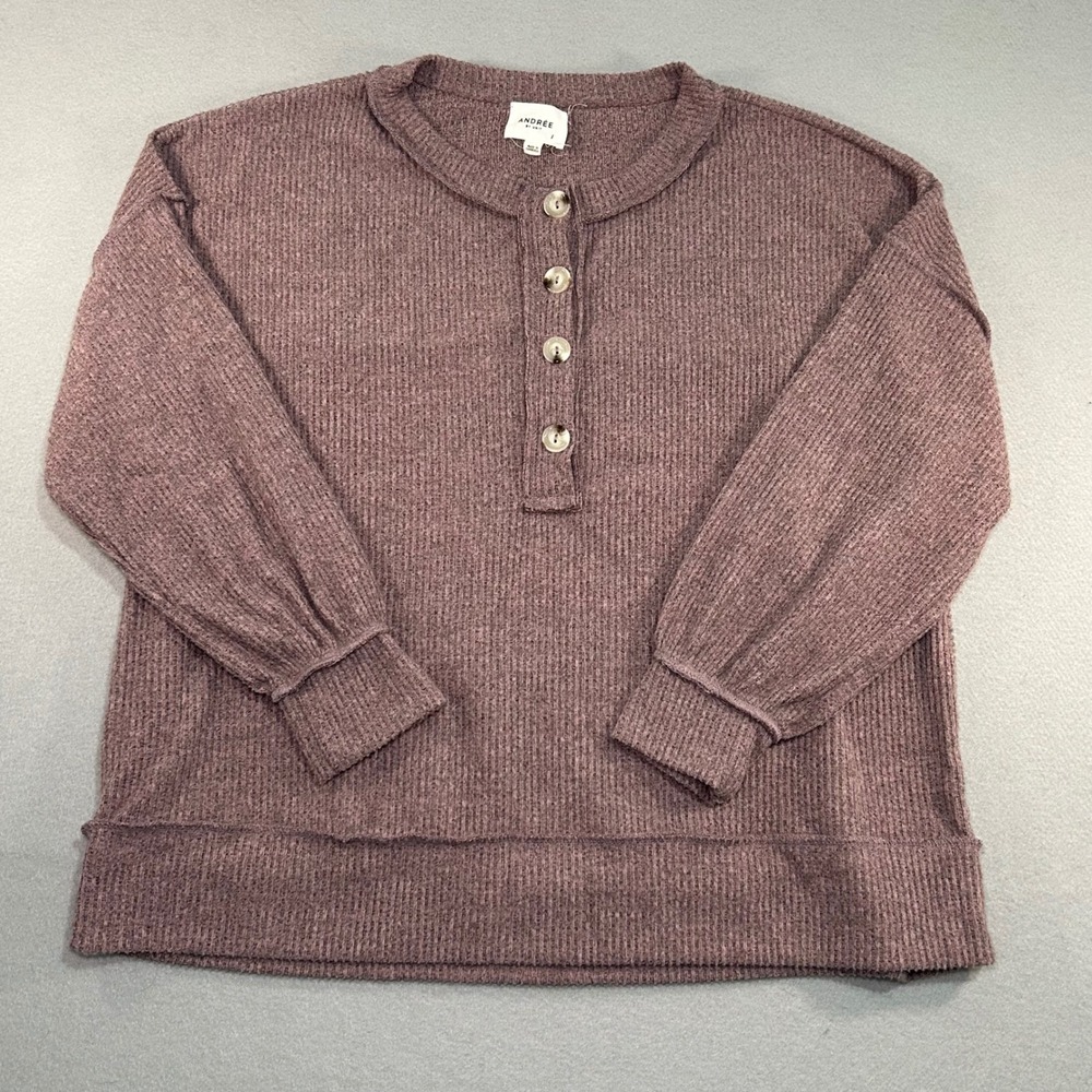 Andree by Unit Henley Top Women Large Purple Waffle Knit Balloon Sleeve MH542
